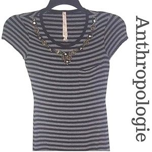 Anthropologie Y2K Vintage Bodycon Beaded Bling Neck Striped Top S Small broach